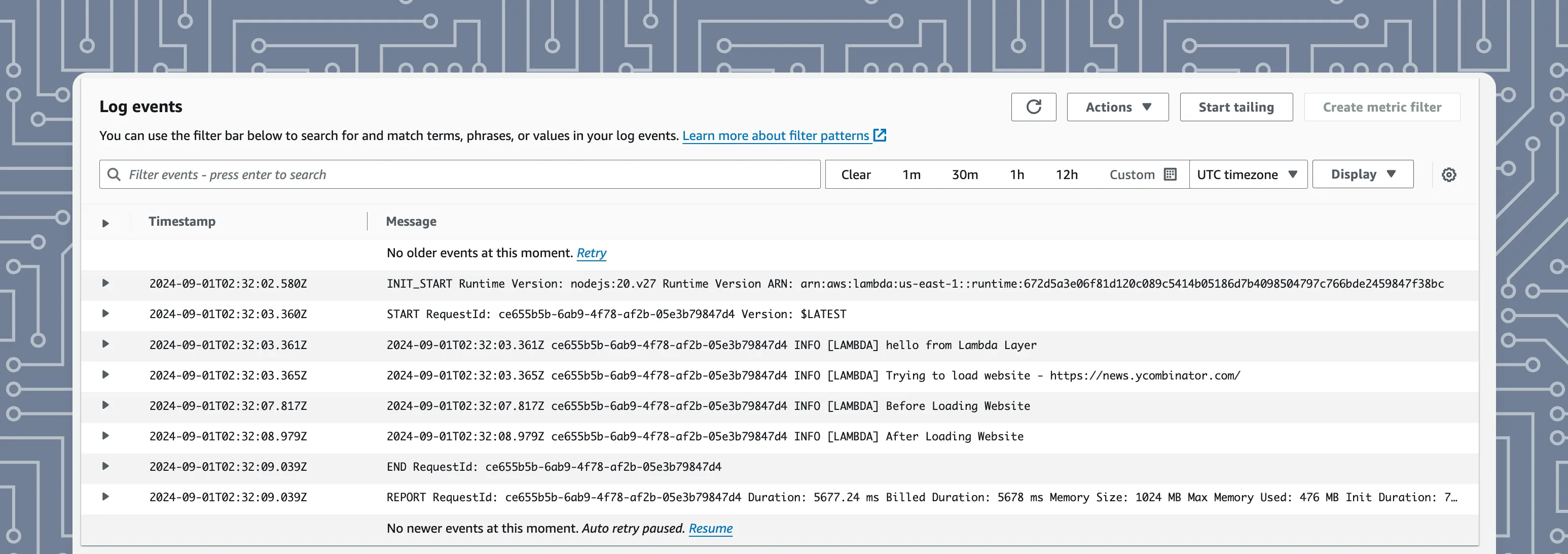 Screenshot of the AWS CloudWatch Logs Showing Success