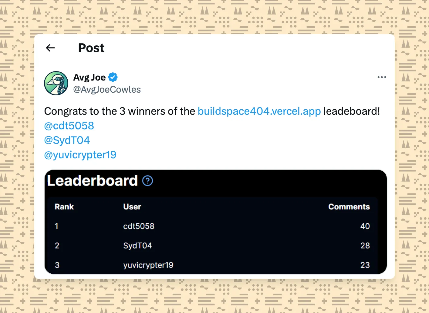 Screenshot of a Tweet showing cdt5058, SydT04, and yuvicrypter19 on the top of a leaderboard