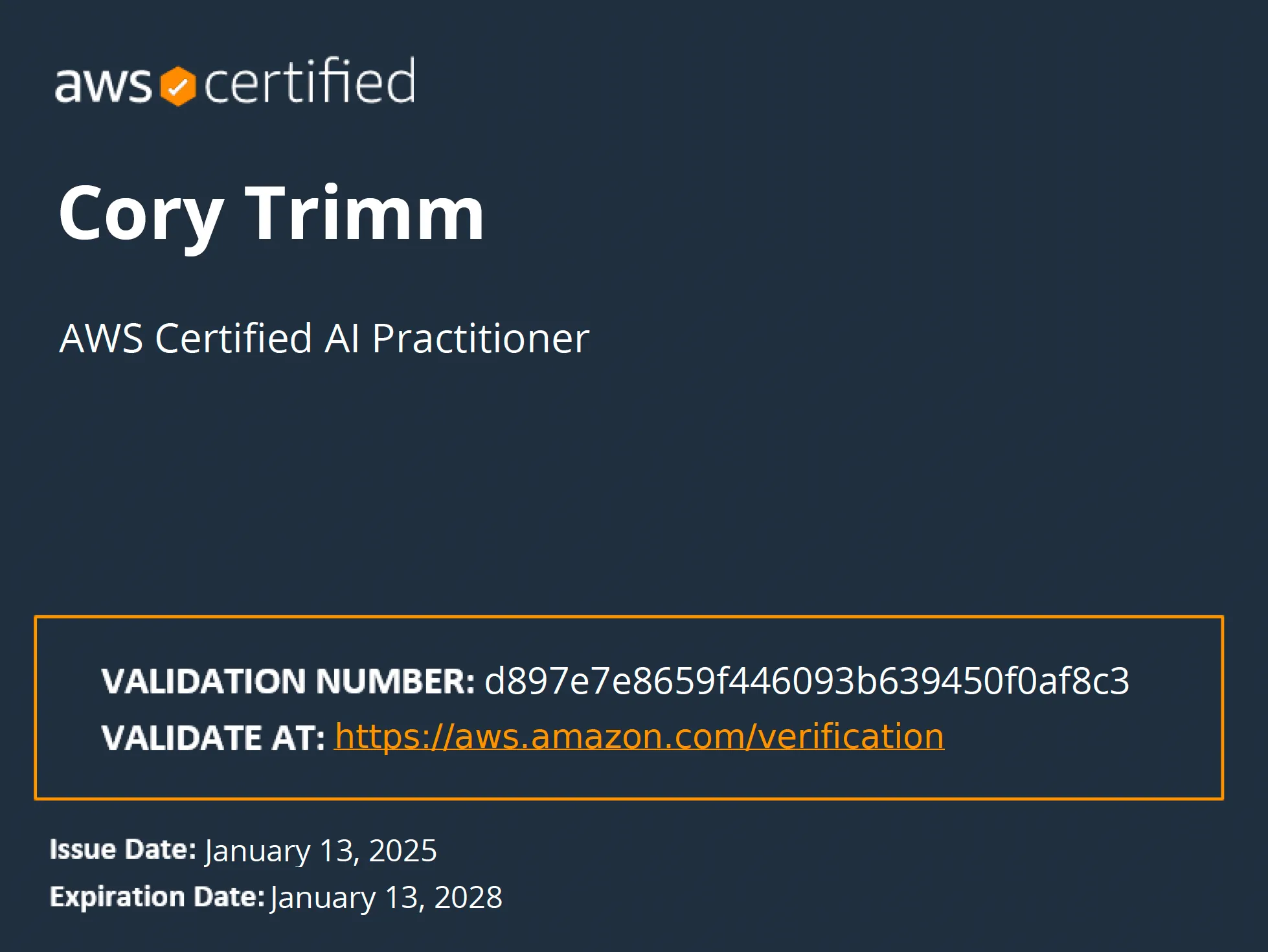 Screenshot of the author&#x27;s AWS AI Practitioner Exam Certificate