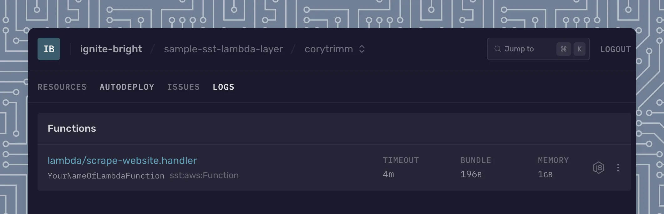 Screenshot of SST Console w/ Access to Logs