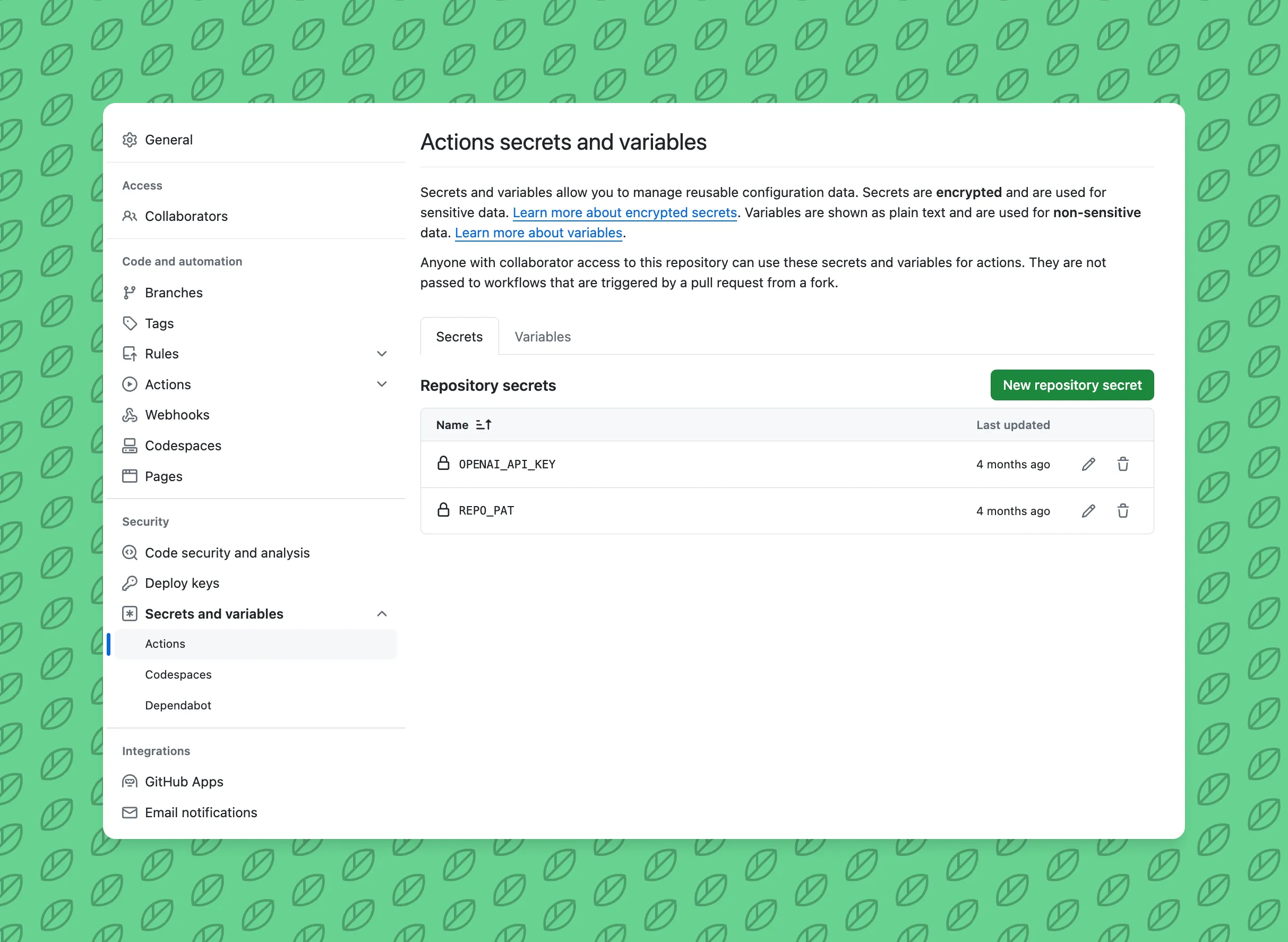 screenshot of the github actions