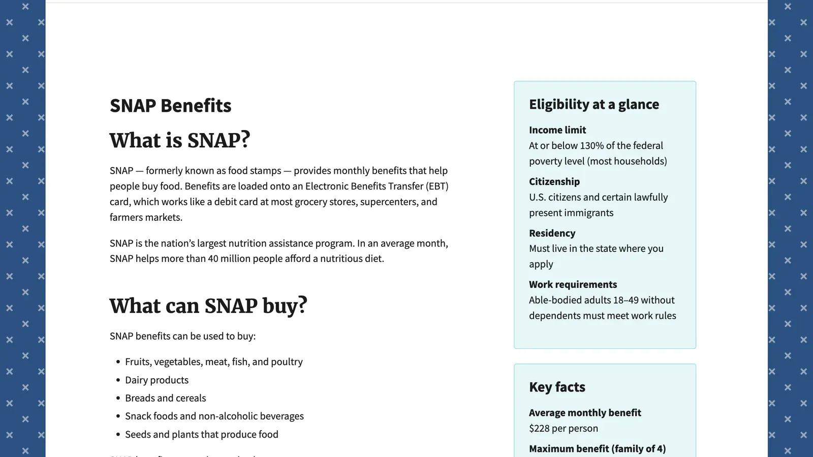 SNAP Benefits detail page with eligibility at a glance and key facts sidebars