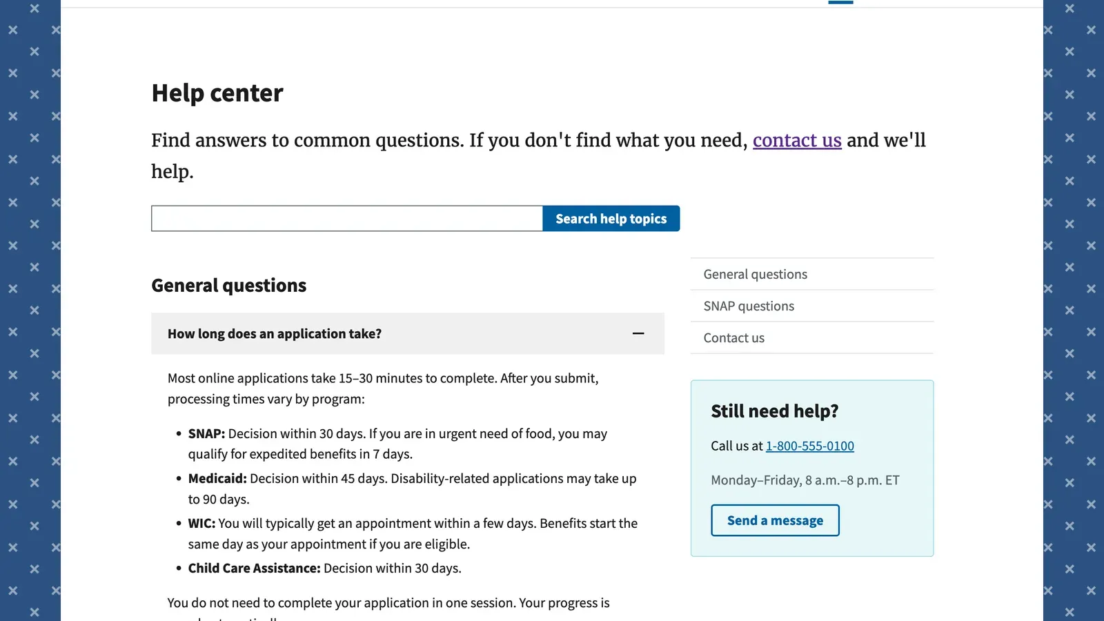 Help center page with FAQ accordion, search bar, and "Still need help?" contact sidebar