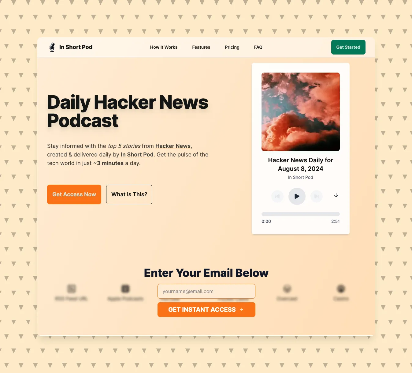 Screenshot of the Hacker News Podcast landing page