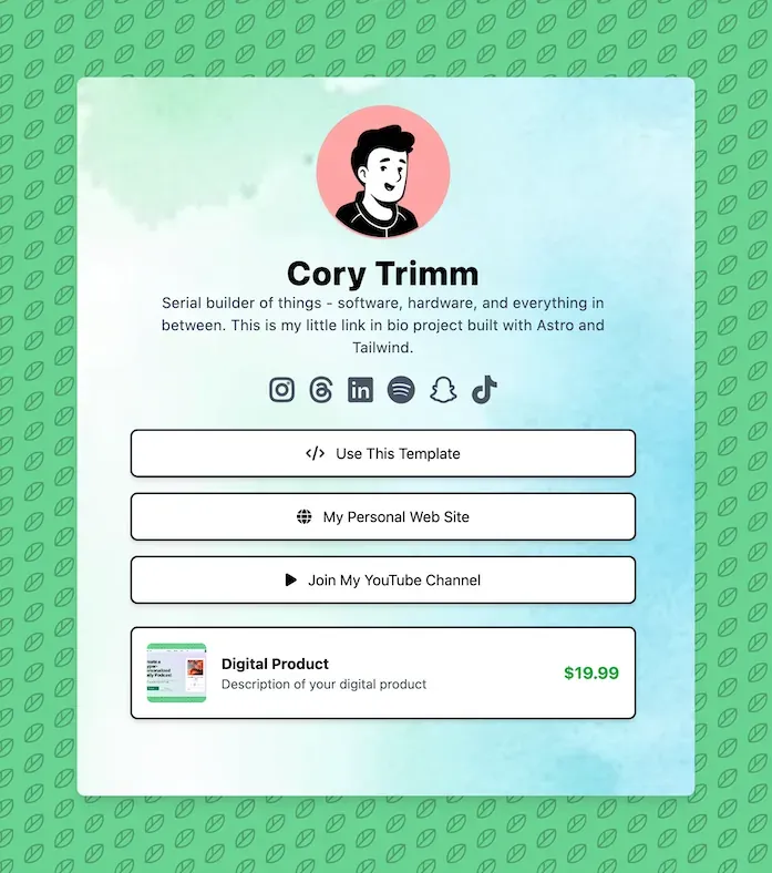 Screenshot of the Link In Bio Astro Theme