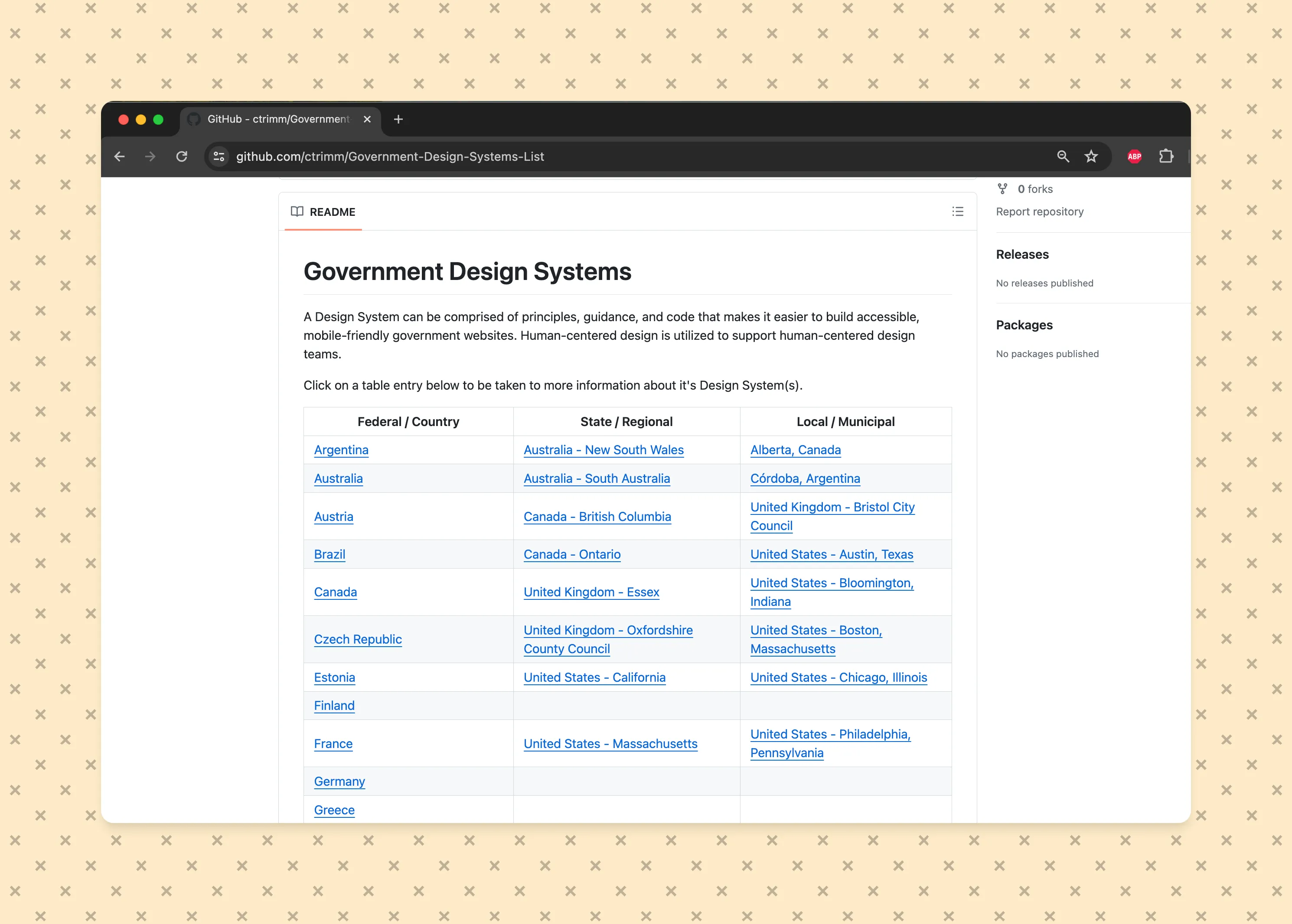 screenshot of the list of government design systems repository on GitHub.com